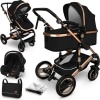 Afbeelding van KIDUKU 3-in-1 combi-kinderwagen zwart/goud met buggy, autostoeltje en regenhoes, inklapbaar