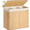 Afbeelding van SONGMICS Bamboe wasmand met deksel, 3 compartimenten, 170 liter, opvouwbaar en wasbaar