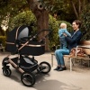 Afbeelding van KIDUKU 3-in-1 combi-kinderwagen zwart/goud met buggy, autostoeltje en regenhoes, inklapbaar