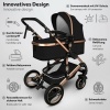 Afbeelding van KIDUKU 3-in-1 combi-kinderwagen zwart/goud met buggy, autostoeltje en regenhoes, inklapbaar