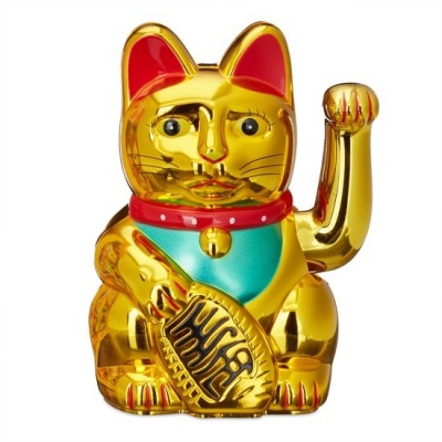 Foto van Maneki Neko - Zwaaiende Gelukskat - 17 x 16 x 26 cm - Gouden Chinese Geluksbrenger