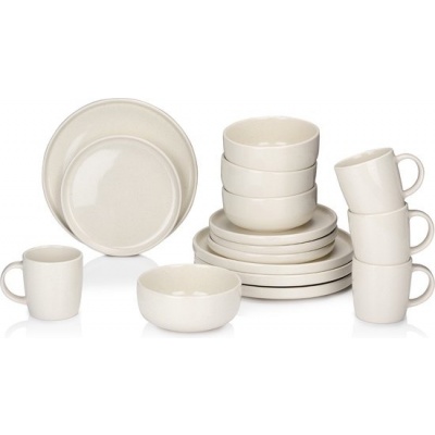 Foto van Alpina 16-delige servies set - Aardewerk voor 4 personen - Magnetron- en vaatwasserbestendig - Crème