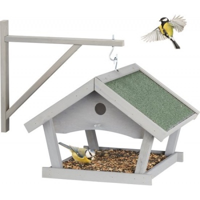 Foto van Hangend vogelvoederhuisje - muur - 35 x 42,5 x 40,5 cm - hout - grijs voor kleine vogels