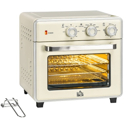 Foto van HOMCOM mini-oven 20L, 5-in-1 pizzaoven met bakplaat, frituurmand en timer, crèmewit