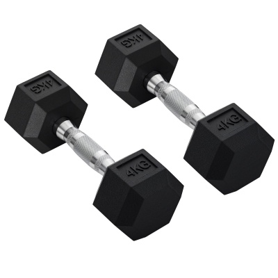 Foto van HOMCOM Zeshoekige dumbbellset van 2 gietijzeren dumbbells, 2 x 4 kg, zwart rubberen handvat