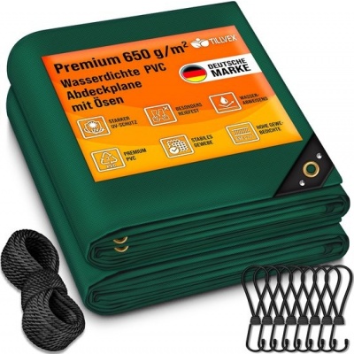 Foto van tillvex® Afdekzeil met ringen, 10 spanrubbers, 15 m touw, waterdicht en scheurvast, premium pvc