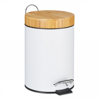 Foto van Relaxdays 3L pedaalemmer voor badkamer met bamboe deksel en uitneembare binnenemmer, wit