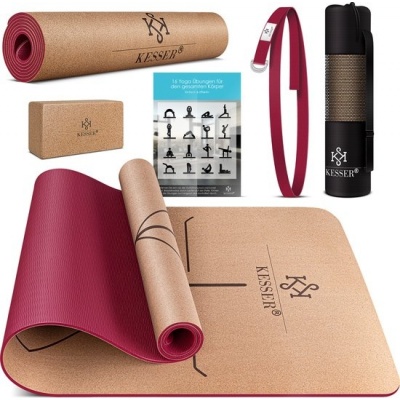 Foto van KESSER® Yogamat Kork 183x62cm Turnmat Gymnastiekmat Fitnessmat Inclusief Draagriem Tas & Yoga Blok -