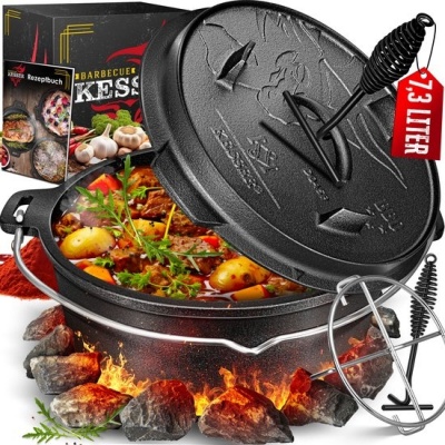 Foto van KESSER® Dutch Oven Gietijzeren Pan met Deksel voor Buiten & Binnen BBQ Multifunctionele Kookset - Ba
