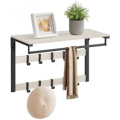 Foto van Wandkapstok met kledingstang, 65 cm breed, plank en 10 haken - Vintage wit/zwart
