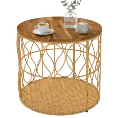 Foto van Outsunny Salontafel van Acaciahout en PE-rotan - Ø50 x 47,5 cm - Teakkleur