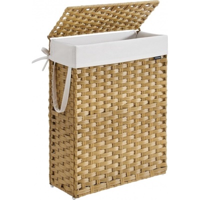 Foto van SONGMICS slanke wasmand 55L, synthetisch rotan met deksel en handgrepen, opvouwbaar, ganzengeel