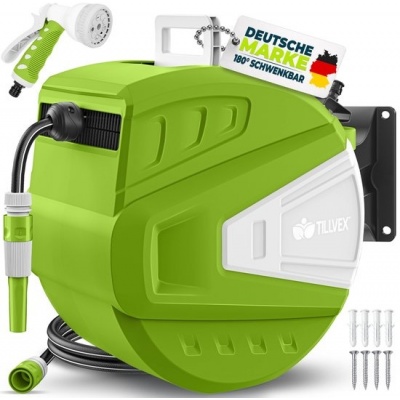 Foto van tillvex® Tuinslanghaspel Groen/Grijs 30m met Wandbevestiging en Handgreep