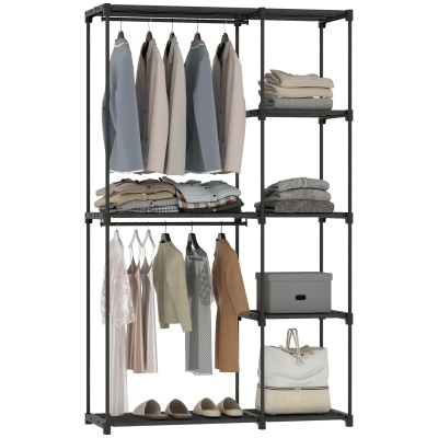 Foto van HOMCOM Draagbare Stoffen Kast met Kledingstang en Planken, Zwart, 111 x 43 x 185 cm