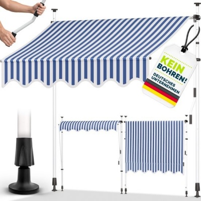 Foto van Tillvex Balkonluifel 200 cm blauw-wit met handslinger - zonder boren, UV-bestendig en verstelbaar