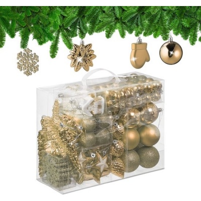 Foto van Set van 100 kerstballen - plastic - mat en glanzend - met glitters - 10 ontwerpen - champagne