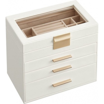 Foto van Moderne sieradendoos met 4 niveaus en glazen deksel, 3 laden, wolkenwit-goud