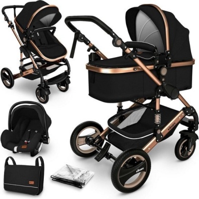 Foto van KIDUKU 3-in-1 combi-kinderwagen zwart/goud met buggy, autostoeltje en regenhoes, inklapbaar