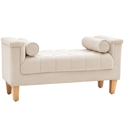 Foto van HOMCOM Polsterbank met Chenille, Armleuning en 2 Kussens, Houten Frame, Beige 115 x 44 x 58 cm