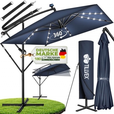 Foto van Tillvex® Rechthoekige Aluminium Parasol Ø 330 cm met LED en Afdekking, 360° Draaibaar