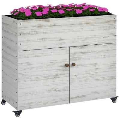 Foto van Outsunny Houten Hoogbed met Opbergvak, Kruidenbed met Wielen, 110 x 50 x 95 cm, Wit