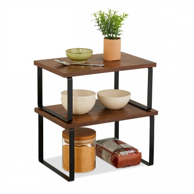Foto van Relaxdays keukenrek, 2-delige set, stapelbaar rek voor kruiden en borden, industrieel design, bruin/