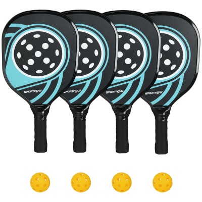 Foto van SPORTNOW Set van 4 Pickleball Rackets van populierenhout met 4 ballen en tas, blauw en zwart