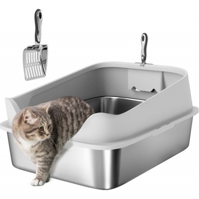 Foto van Pawhut Kattenbak van RVS en Kunststof - 69,8L x 50,3B x 29,8H cm - Grijs