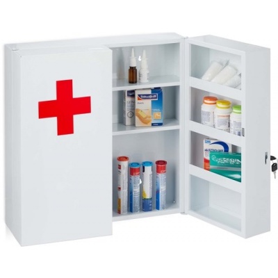 Foto van Afsluitbare medicijnkast - 11 vakken - staal - 53,5 x 53 x 19 cm - 2 deuren - wit-rood