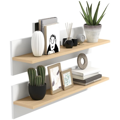 Foto van HOMCOM Set van 2 Zwevende Wandplanken, Wit en Natuurhout, 80 x 16,5 x 20 cm