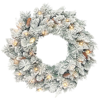 Foto van HOMCOM Kerstkrans met sneeuw, 60 cm, 35 witte LED-lampen, dennenappels, met timer, groen