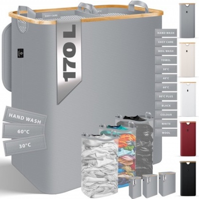 Foto van KESSER® Wasmand met Deksel - Opvouwbare Wasbox - Wassorteerder met Uitneembare 3x Waszakken inclusie