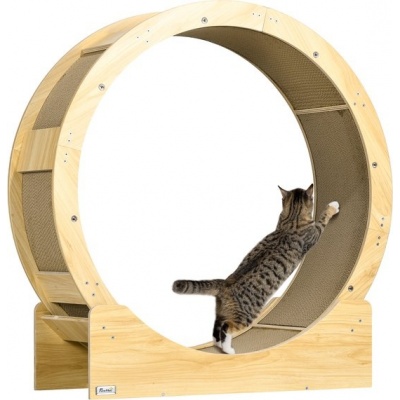 Foto van PawHut Kattenloopwiel 91 cm met rem, krabplank voor gezonde beweging en ontspanning, eik