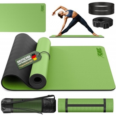 Foto van RE:SPORT Yogamat, ftalaatvrij | Antislip Fitnessmat met draagriem 183 x 61 x 0,6 cm (Olijfgroen/Zwar