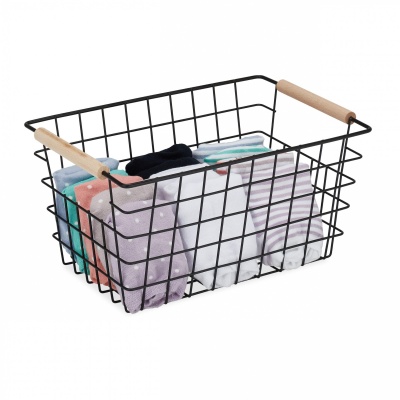 Foto van Relaxdays draadmand met houten grepen, rechthoekig, zwart, 16x31x21 cm