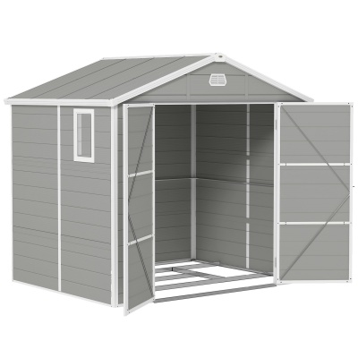 Foto van Outsunny kunststof tuinhuisje 2,4 x 1,8 m met ventilatie en afsluitbare deur, lichtgrijs