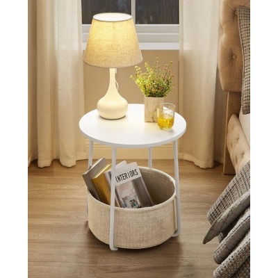 Foto van VASAGLE ronde bijzettafel met stoffen mand - 45 cm - wit en beige