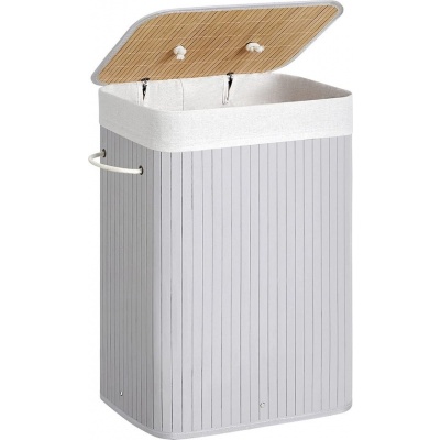 Foto van Songmics Bamboe Wasmand 72L met Deksel en Handgrepen, Opvouwbare Katoenen Zak, Grijs