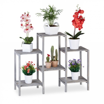 Foto van Relaxdays houten plantenrek, Shabby Chic, 6 etages, voor binnen, grijs, 70x89x27 cm