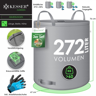 KESSER® Tuinzak, set van 3 x 272 liter, inclusief handschoenen, zelfstaand, 4 handgrepen, stabiel, r