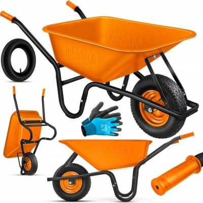 Foto van MASKO® Kruiwagen 100L met Luchtbanden max. 250kg laadvermogen inclusief Handschoenen - Oranje