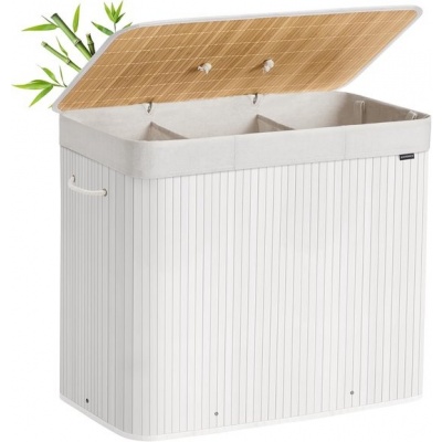 Foto van SONGMICS Wasmand met deksel - 3 compartimenten - 170L - Bamboe - Wit - 70 x 40 x 61 cm