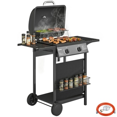 Foto van Outsunny Gasbarbecue 5 kW, 2 branders, roestvrij staal, met zijtafel en thermometer