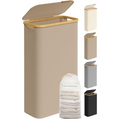 Foto van SONGMICS Slanke wasmand met deksel, 65L, opvouwbaar, bamboe handgrepen, kameelbruin