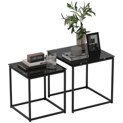 Foto van HOMCOM set van 2 bijzettafels, vierkante salontafels met glazen blad, zwart staal
