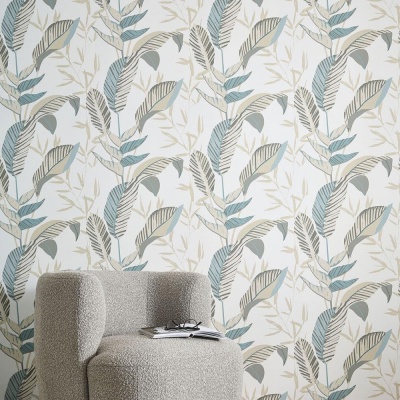 Foto van Erismann Vliesbehang Elle Tropische Bladeren Wit Groen Beige Glans 10332-07