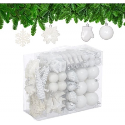 Foto van Set van 100 kerstballen - plastic - mat en glanzend - met glitters - 10 ontwerpen - wit