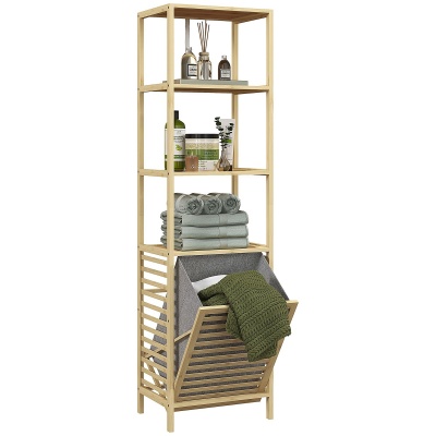 Foto van HOMCOM Bamboe badkamermeubel met 3 planken en afneembare wasmand, 44 x 33 x 160 cm
