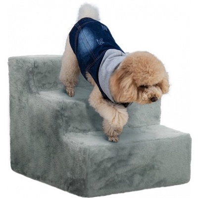 Foto van PawHut 3-traps honden- en katentrap voor bed en bank, tot 5 kg, pluche, lichtgrijs