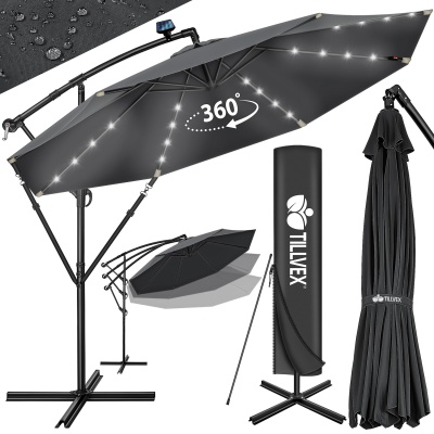 Foto van Tillvex Aluminium Zweefparasol met Afdekking en LED, Ø 300 cm, inclusief Standaard en Windscherm